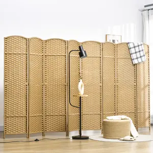 8 Panel Folding Room Divider – Nature Wood. 5.6' Tall Freestanding Partition. Hand-Woven PP (Water Repellent + Tear-Resistant). Pine Frame + Arched Top