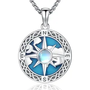 DRINSPER S925 Compass Neckalce with Moonstone Decor Traveller Protection Amulet 925 Sterling Silver Jewelry Gift for Graduation