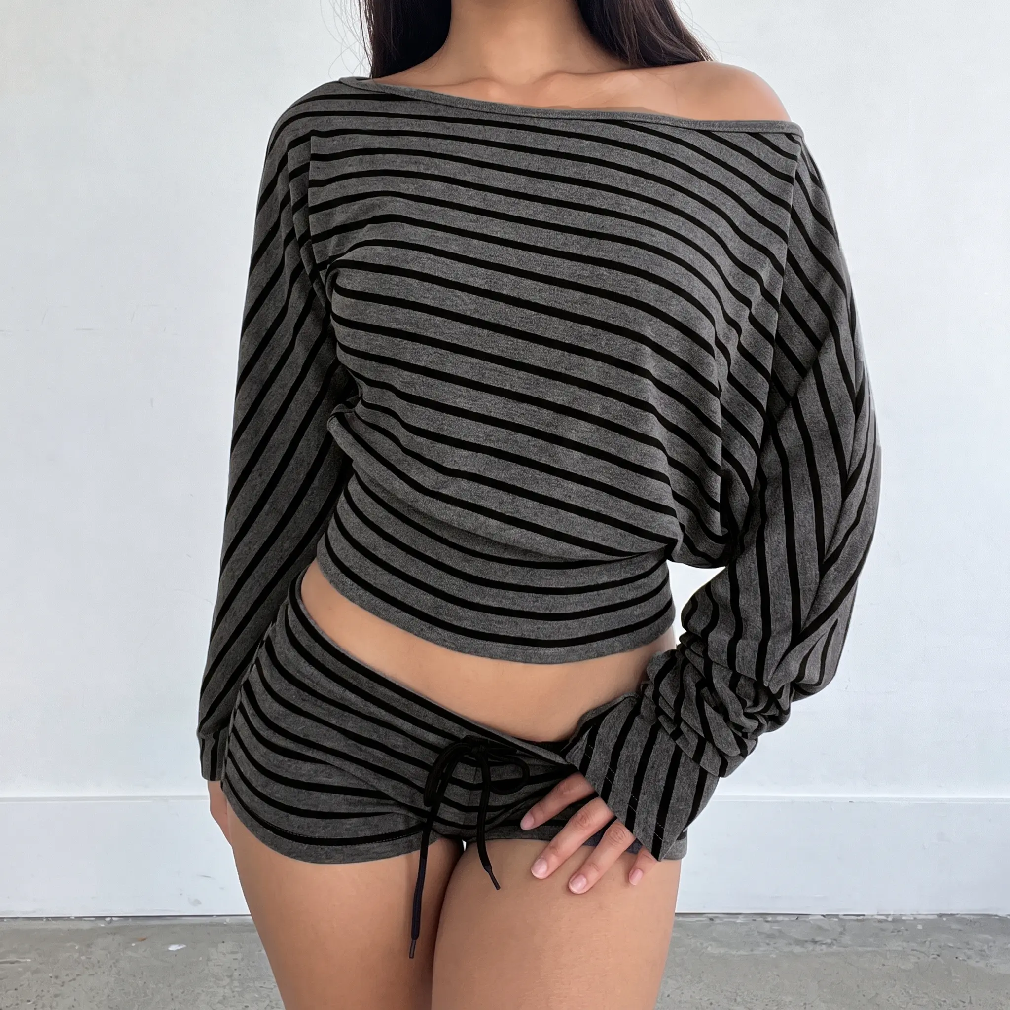 Women's 2-Piece Striped Loungewear Set - 1-Shoulder Long Sleeve Soft Stretch Knit Top, Drawstring Shorts for Lounging Black Casual