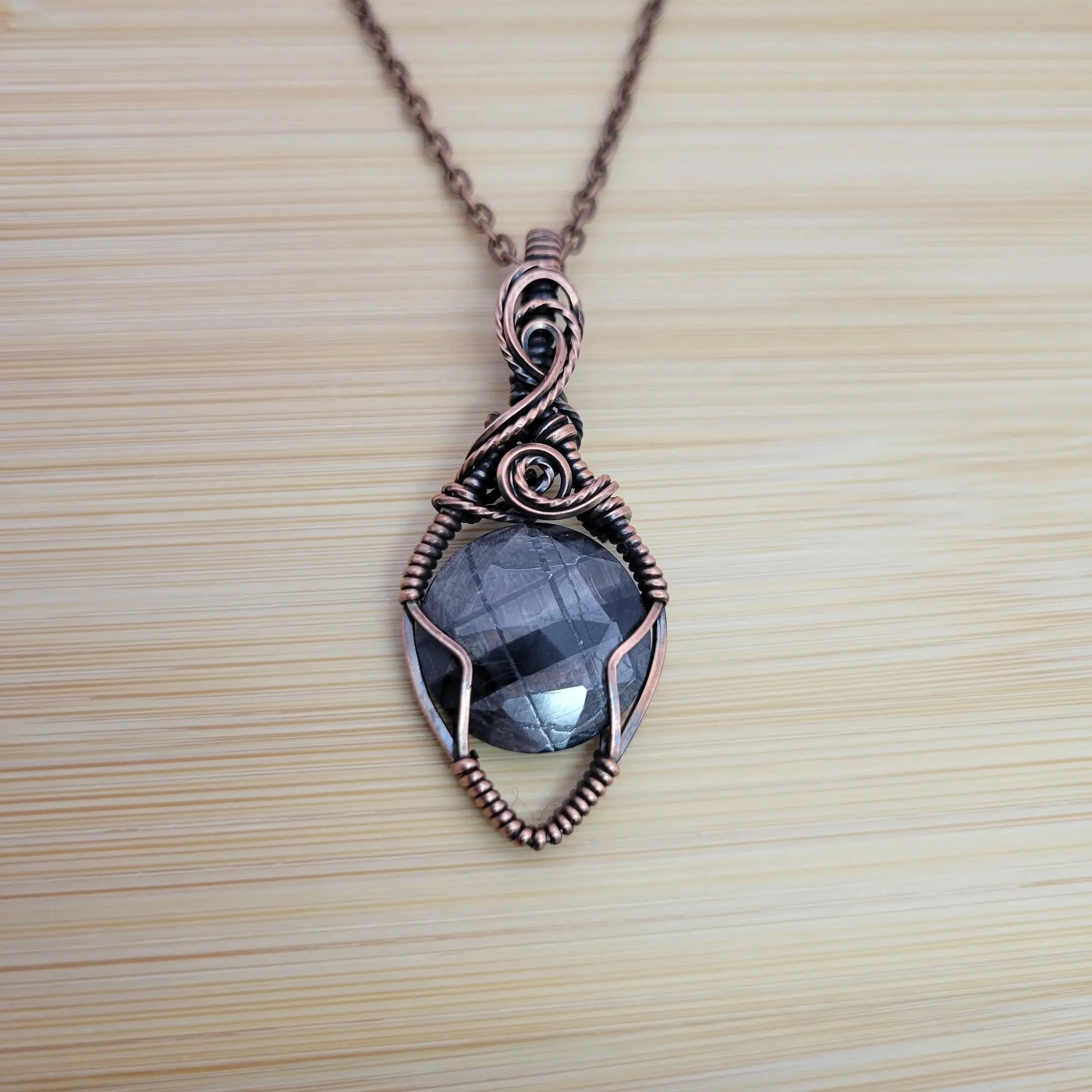 Handcrafted Silver Sheen Obsidian Copper Pendant Necklace
