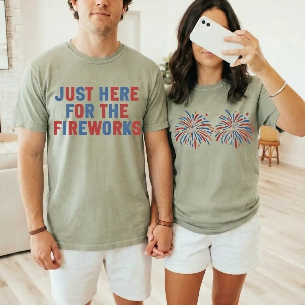 Comfort Colors Funny Couples 4th of July Matching Shirts – Adult Humor Independence Day Fireworks Graphic Tees, Apparel, Shortsleeve