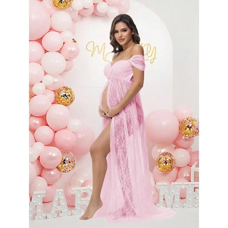 open lace back dress Momyknows Sparkly Diamond Rhinestone Mesh Slit Long Sleeve Mermaid Sheer  Maternity Elegant Baby Shower Party Maxi Dress main image 1