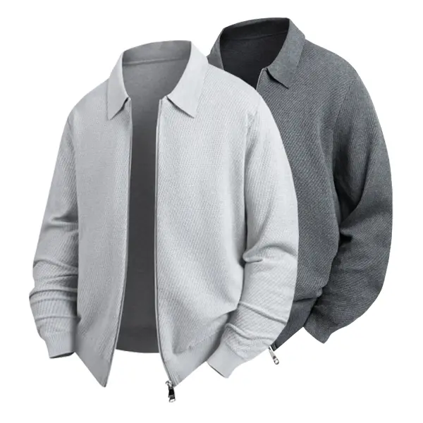 Men's Lightweight Luxury Knit Zip-Up Cardigan - Turn-Down Collar, Old-Money Premium Feel, Slightly Relaxed Straight Cut, Honeycomb Knit Texture, Full-Length Zipper Closure, Ideal for Autumn Knitwear, Cardigans