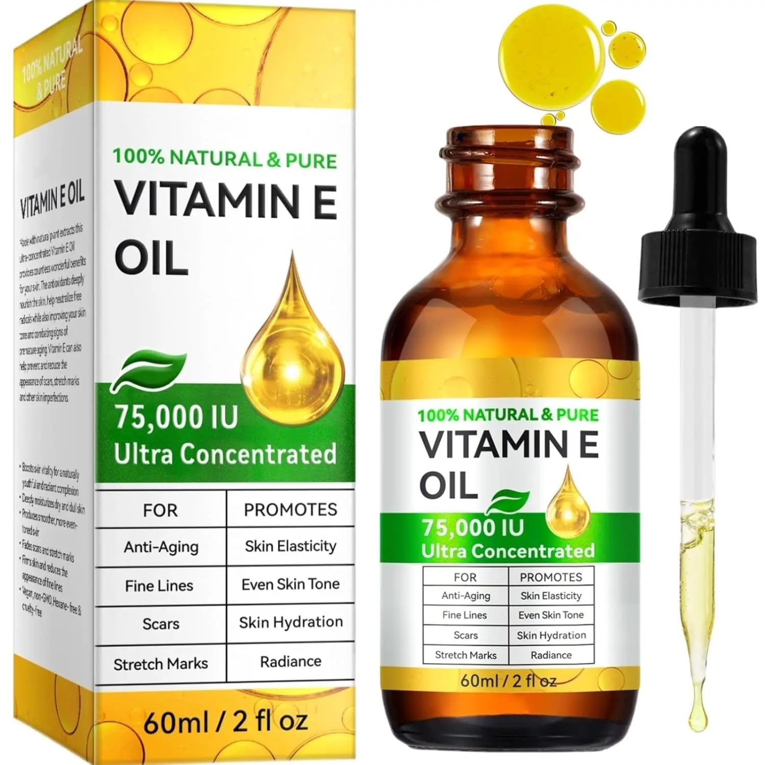 Pure Vitamin E Oil 75,000 IU, Hydrating Liquid for Face, Body, and Chest - Nourishes Dry Skin, Scars, and Nails - 2 oz, Moisturize, Deep Hydration, Body Care, Moisture, Apply Nightly, Multi-Use, 2 Fl Oz, Moisturizer, Multi-Use Care, Up To 2.9 Fl. Oz.