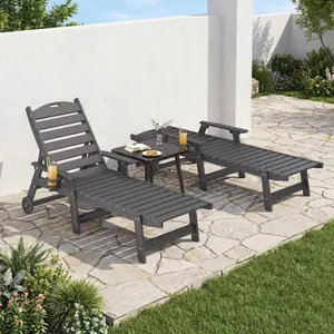 Set of 2 HDPE Wood Grain Outdoor Chaise Lounge Chairs, 6-Position Adjustable Patio Reclining Sun Loungers for Pool, Beach & Backyard, Black/White/Grey