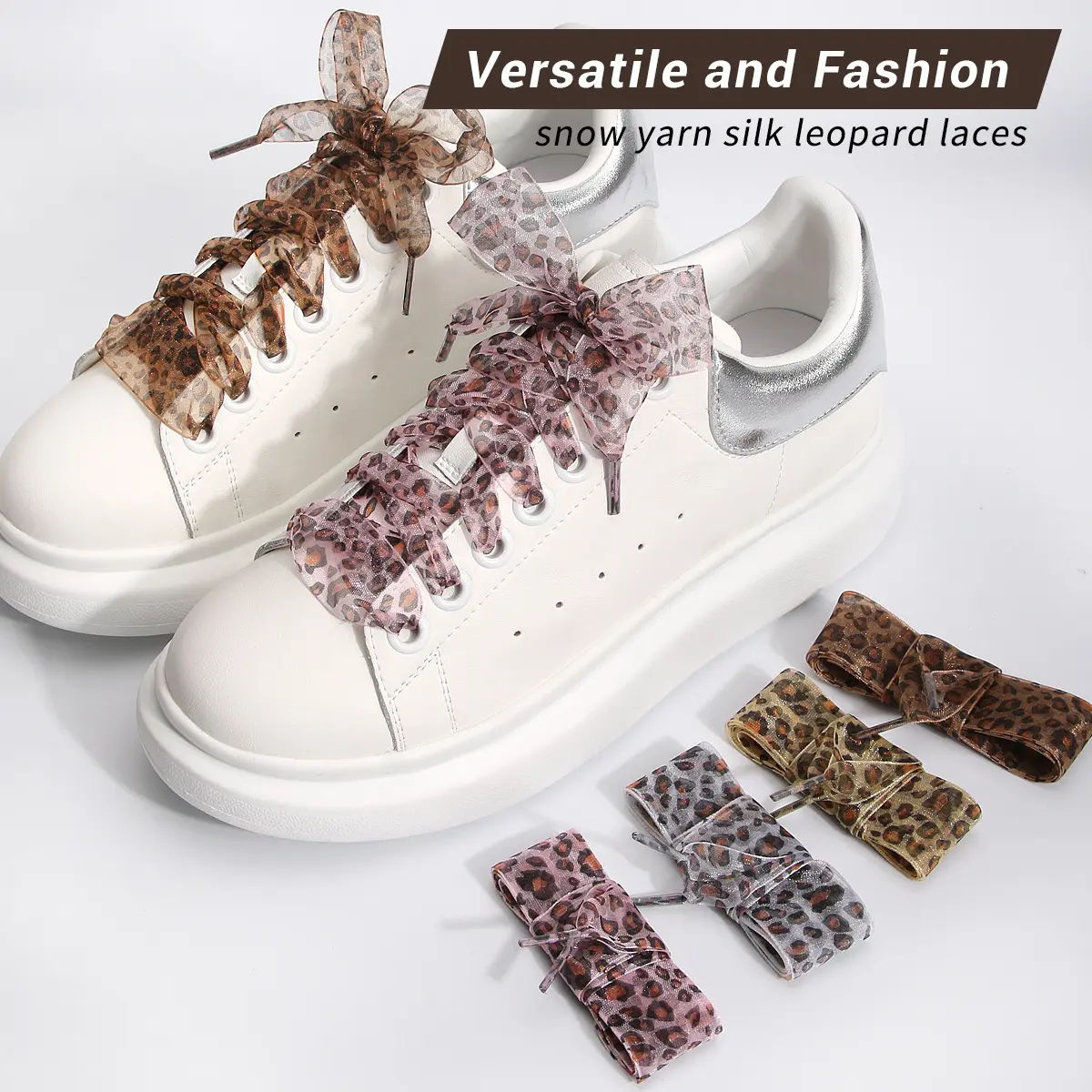 Unisex Decorative Leopard Print Flat Shoelaces, 2.5cm Wide Satin Polyester Ribbon Footwear Replacement Laces, Casual Fashion Sport Shoe Decoration for Sneakers & Boots, Cold Wash, Bright Contrast, 2 Synthetic Laces, Golf
