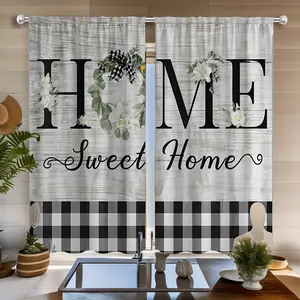 JIT 2pcs black and white plaid, letter printing, simple and comfortable, warm kitchen window light curtain 3D digital printing technology, translucent curtain fabric suitable for kitchen decoration