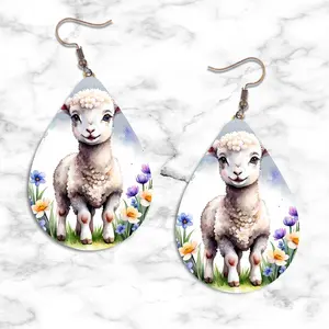 Sheep Teardrop Earring Set - Decorative Earrings Featuring Cute Sheep Characters with Colorful Flower Accents