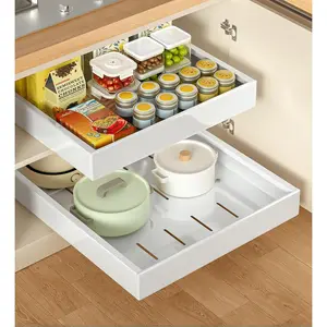 2 Pack Pull out Cabinet Organizer 21"D x 12"W, Peel And Stick Slide out Drawers for Kitchen Cabinets, Sliding Drawers Cabinet Roll out Shelves for Dishes Storage(White)