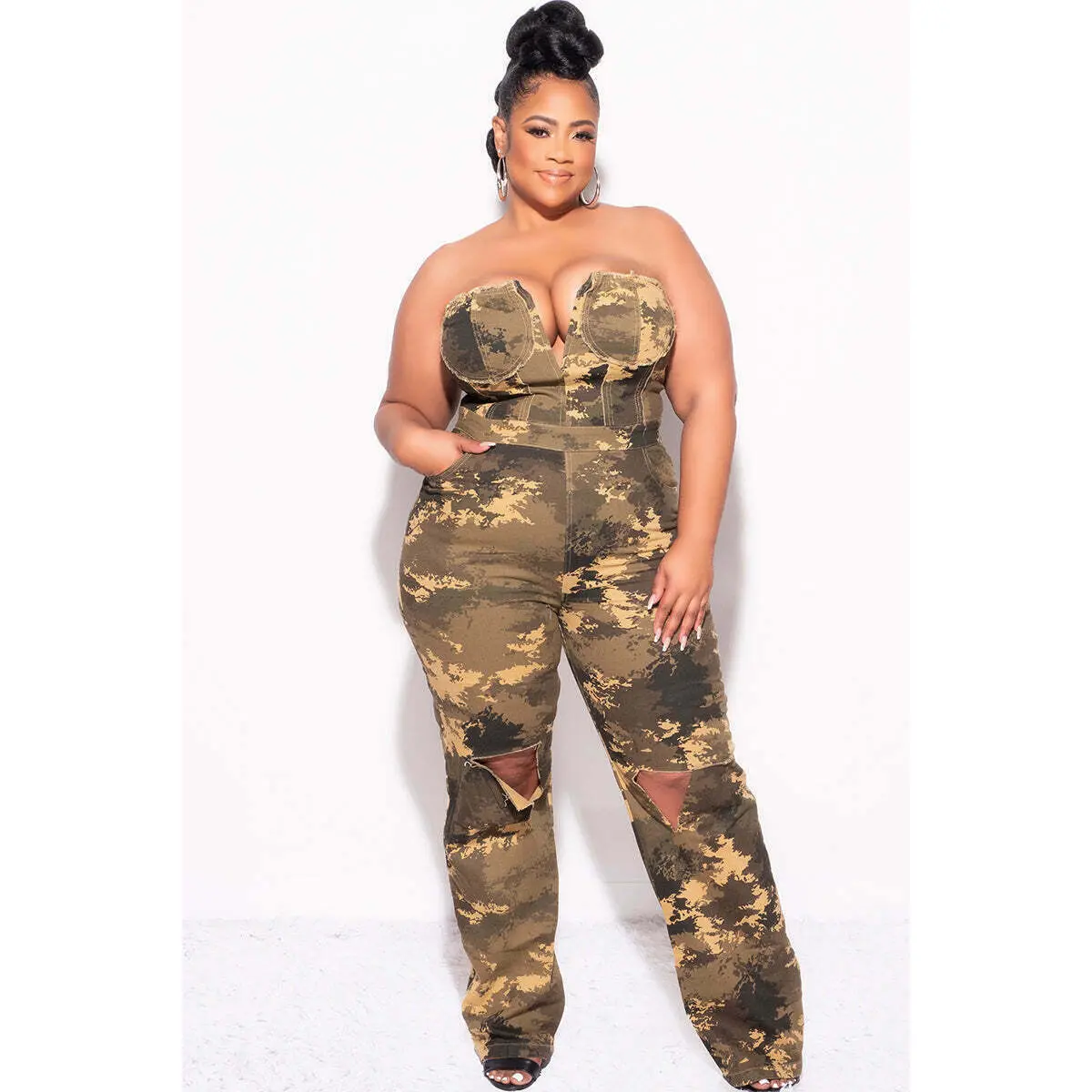 Final Sale Plus Size Strapless Deep V Jumpsuit with Ripped Knees In Camouflage Print