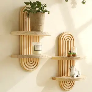 Bohemian Style Wooden Floating Shelf, Wall Mount Design, Dual Layer Rainbow Wall Storage Rack, Multi-Functional Decorative Organizer for Plants, Candles, Figurines