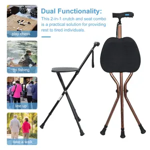 Folding Canes with Seat Walking Stick Height Adjustment Cane Seat Handle Crutches Stool, Adjustable Size, Aluminum Alloy, Crutch Stool