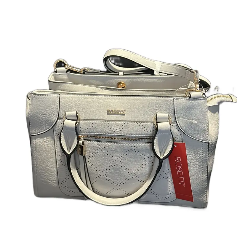 Rosetti Silver Perforated Leather Satchel Bag with Detachable Strap and Zipper Closure