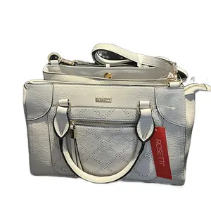 Rosetti Silver Perforated Leather Satchel Bag with Detachable Strap and Zipper Closure