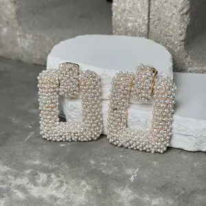 Modern Pearl Square Frame Earrings