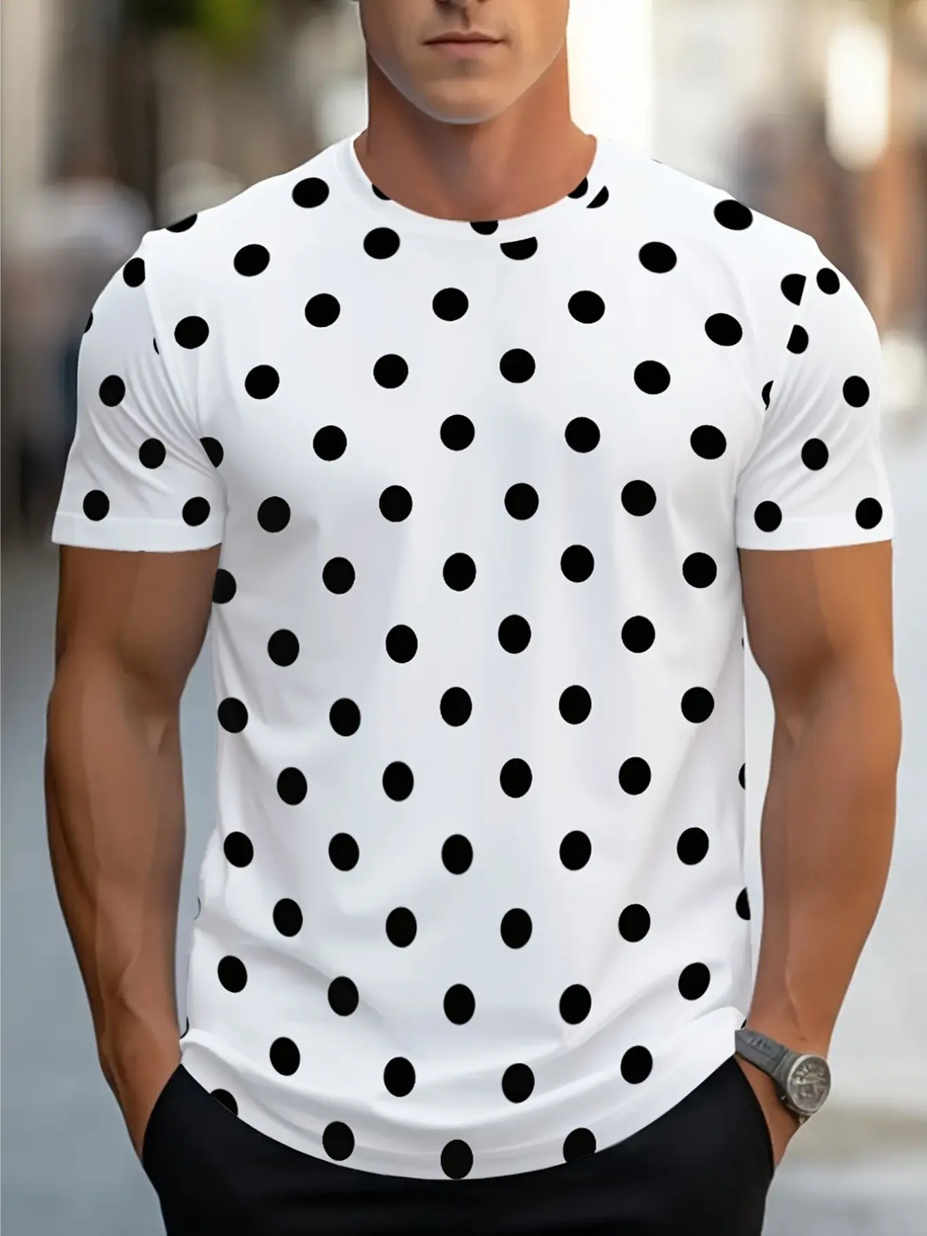 Men's and Polka Dot Short Sleeve Casual T-Shirt, Summer Fashion Top, Simple and Stylish Design, Long Clothing Length, Menswear
