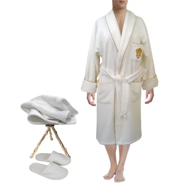 Armani International Roma Cotton Bathrobe Slippers & Hand Towel Set - Large White Gold Medallion, European Spa Elegance, 3-Piece Ensemble