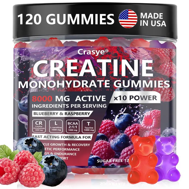 CRASYE Chewable Creatine Gummies Edible Dietary Supplement - 8000mg Blueberry Raspberry Flavor, 120-Count, Sugar-, Gluten- & GMO-Free, Vegan, USA-Made with Essential Aminos for Youth & Lean Muscle Goals