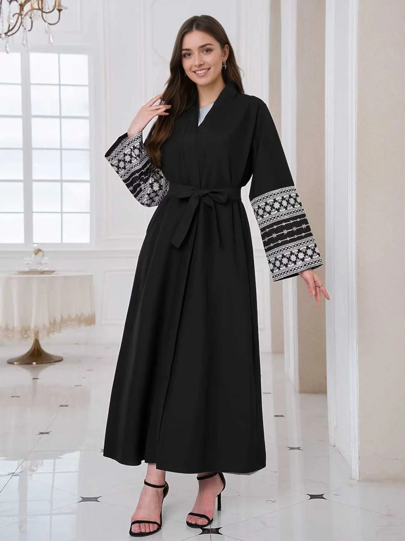 Women's Elegant Muslim Ramadan Belted Abaya Dress, Abayas For Eid, Loose-Fit Ethnic Pattern Long Robe with Pockets & Belt, Casual All-Season Wear, Modest Islamic Abaya, Islamic Modesty Clothes