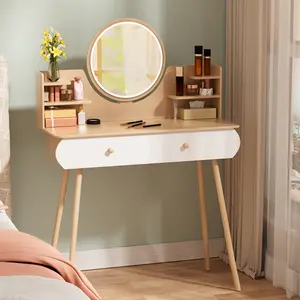 Makeup Vanity Desk with LED Lighted Mirror,3 Modes Brightness Adjustable Makeup Vanity Desk with LED Lighted Mirror, Vanity Table with 2 Drawers and Opening Shelves, Bedroom Dressing Table, 3 Modes Brightness Adjustable