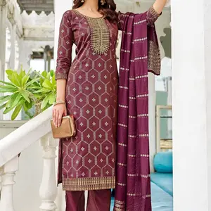 Embroidered Viscose Shimmer Pant Kameez in Cream with Gold Embellishments for Women's Fashion Casual Salwar Kameez Set with Embroidery & Foil Print Top