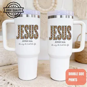 Christian Jesus Tumbler 40oz, Cheetah Print Bible Verse Mug, Trendy Faith Tumbler Gift, Jesus Loves You, The Way The Truth The Life Cup for Her
