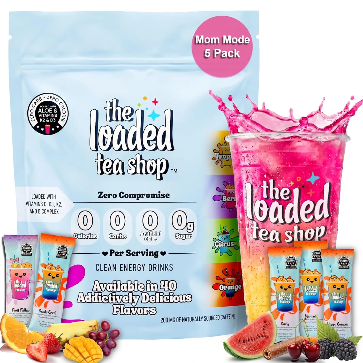 HOT!!! The Loaded Tea Shop Energy Drink Mix Sticks, Mom Mode Collection 5 Pack, Sugar-Free, Zero Calories, 200mg Natural Caffeine, No Artificial Colors/Flavors, Powder Packets w/ B Vitamins - Energy Drink Alternative