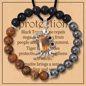 9 Styles 2pcs/set Nature Stone Triple Protection Bracelet Necklace and Wish Card: Tiger Eye, Black Obsidian, & Hematite 8mm Round Protection Crystals (Gemstone Stretch Bracelet)