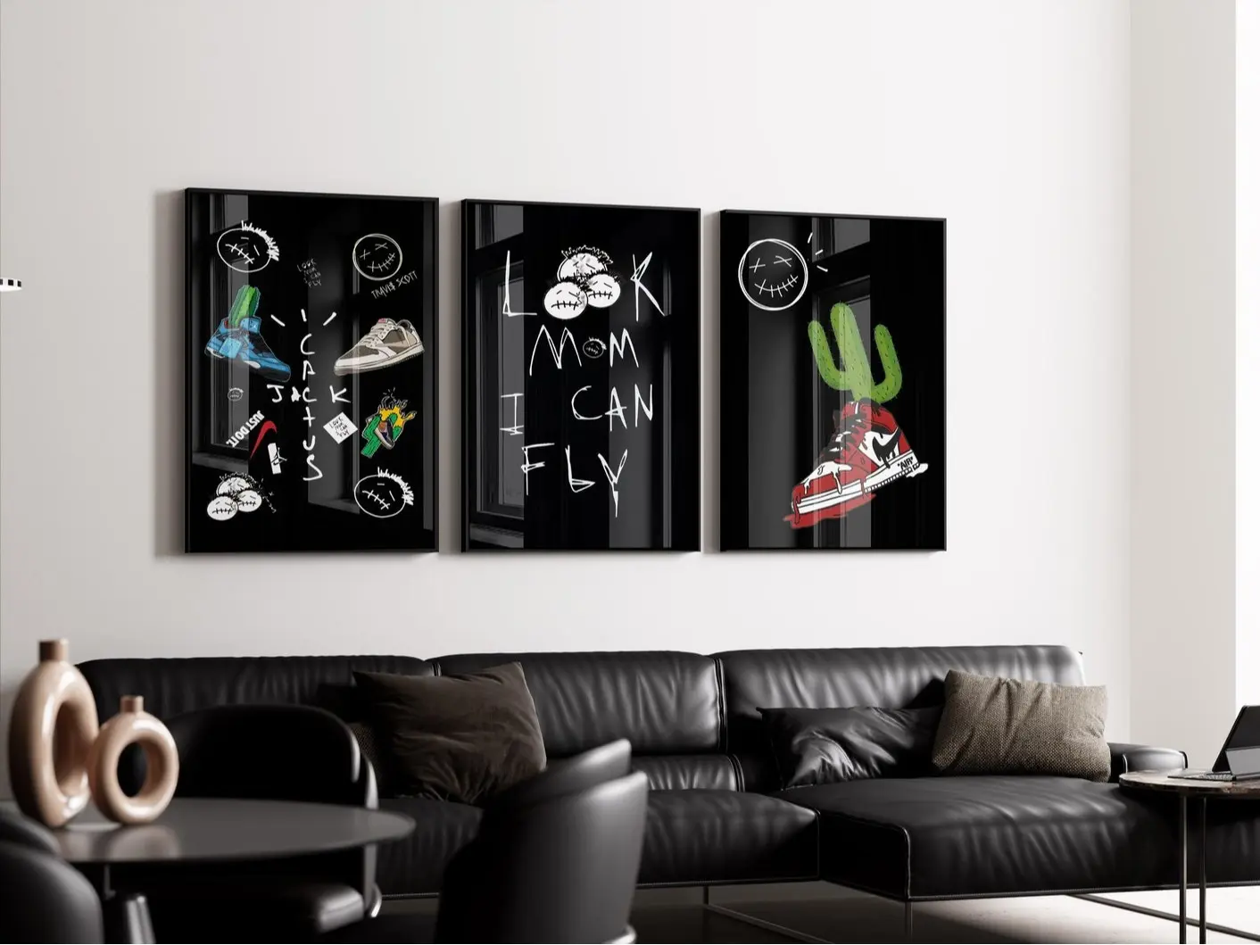 Set of 3 Hypebeast Sneaker Posters, Cactus Hip Hop Street Art Print, Look Mom I Can Fly Typographic Man Cave Wall Decor Prints