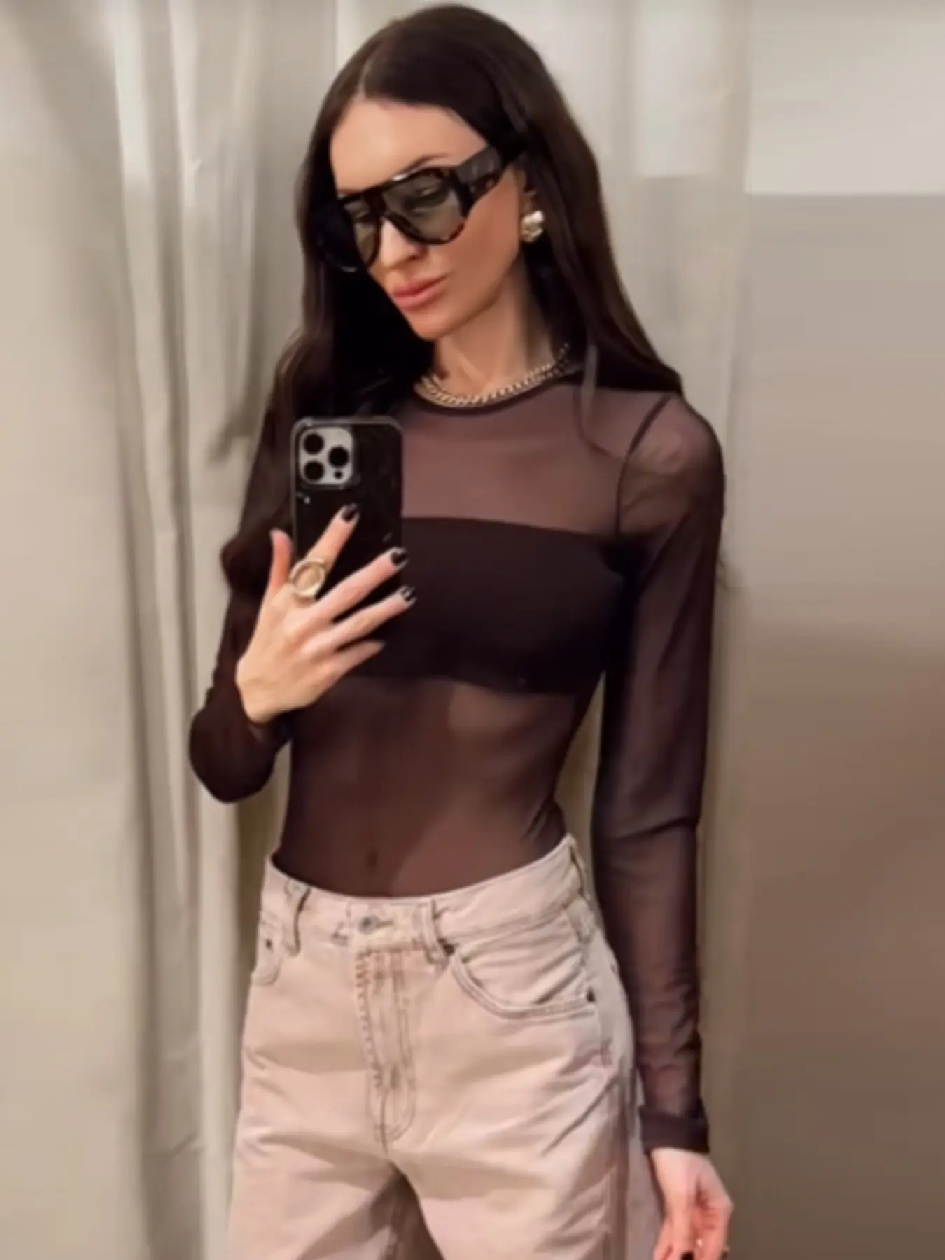Brown Sheer Mesh Stretchy Bodysuit Women Spring Summer 2026 Y2K Sexy Tulle Bodycon Long Sleeve Top Women Transparent Slimming Lingerie Underwear Thong Bodysuit Fishnet Bodysuit Fitted Womenswear