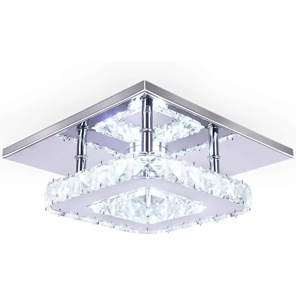 Mini Square Crystal Chandelier, 7.9 inches AC-Powered LED Flush Mount Ceiling Light, 15W Cool White for Bedrooms, Dining Room
