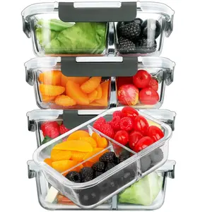 [5-pack  36 Oz] Glass Meal Prep Containers 3 Compartment With Lids Lunch Food Box Bento Microwave Oven Freezer Dishwasher (4.5 Cups)