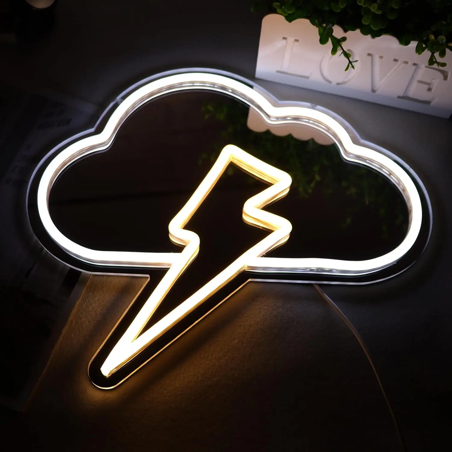 Cloud Lightning Mirror Neon Signs for Wall Décor Neon Lights  Led Signs Suitable for Kids Room Living Area Beauty Space Bedroom Unique Gift for Lover 11.8 * 13.8 Inch (White + Warm White)