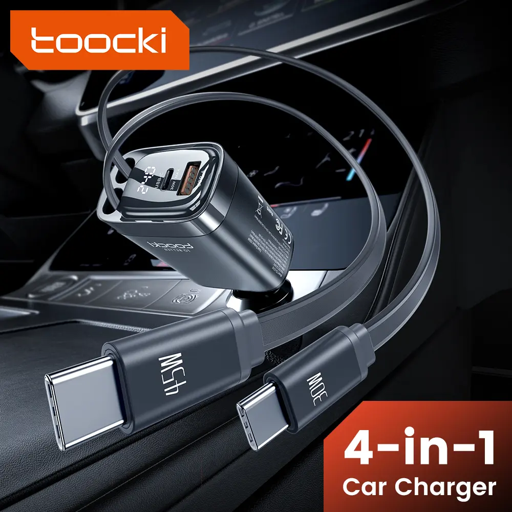 Toocki 105W Retractable PD Car Charger Four-Port Output with 75cm Cable Intelligent Display 180° Rotating Design for Phones