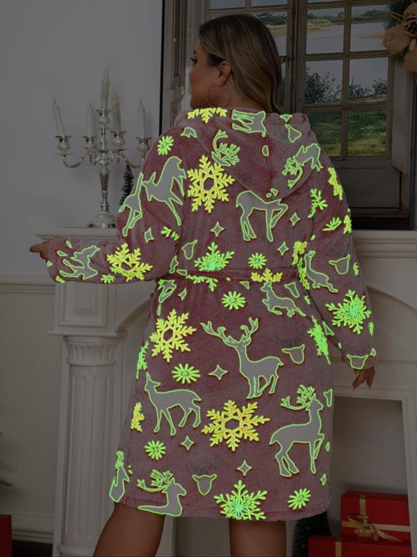【Plus Size】 Halloween Themed Cartoon Pumpkin Print Glow In The Dark Belted Hooded Lounge Robe, Casual Long Sleeve Pocket Design Dressing Gown, Women's Fluffy Pajamas for Fall & Winter