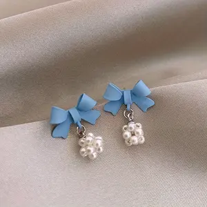 Women's Pearl Bowknot Decorated Floral Ball Earrings - Elegant Costume Jewelry, Fashion Accessories for Dating, Banquet