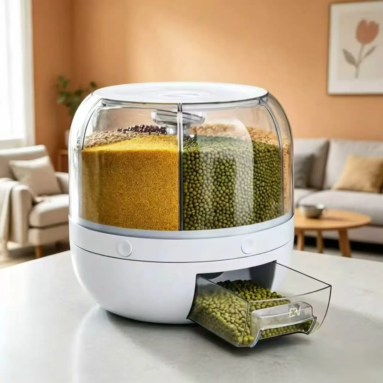 Rotating Kitchen Grain Storage Box Organiser - Compact, Transparent Moisture-Proof Dustproof Container with Rotating Mechanism for Rice, Beans, Cabinet Pantry Use, Maintains Freshness