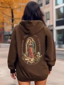 Women's Floral & Figure & Letter Print Drop Shoulder Hoodie, Fashion Casual Drawstring Pocket Hooded Sweatshirt for Daily Holiday Outdoor Wear, Ladies Clothes for All Seasons
