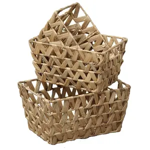 Flared Braided Water Hyacinth Baskets With Handles Natural Set of 3