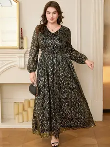 【Plus Size】 Colorblock Print Kint Dress, Plus Elegant Long Sleeve Round Neck Dress for Spring & Fall, Women's Plus Clothes for Daily Wear