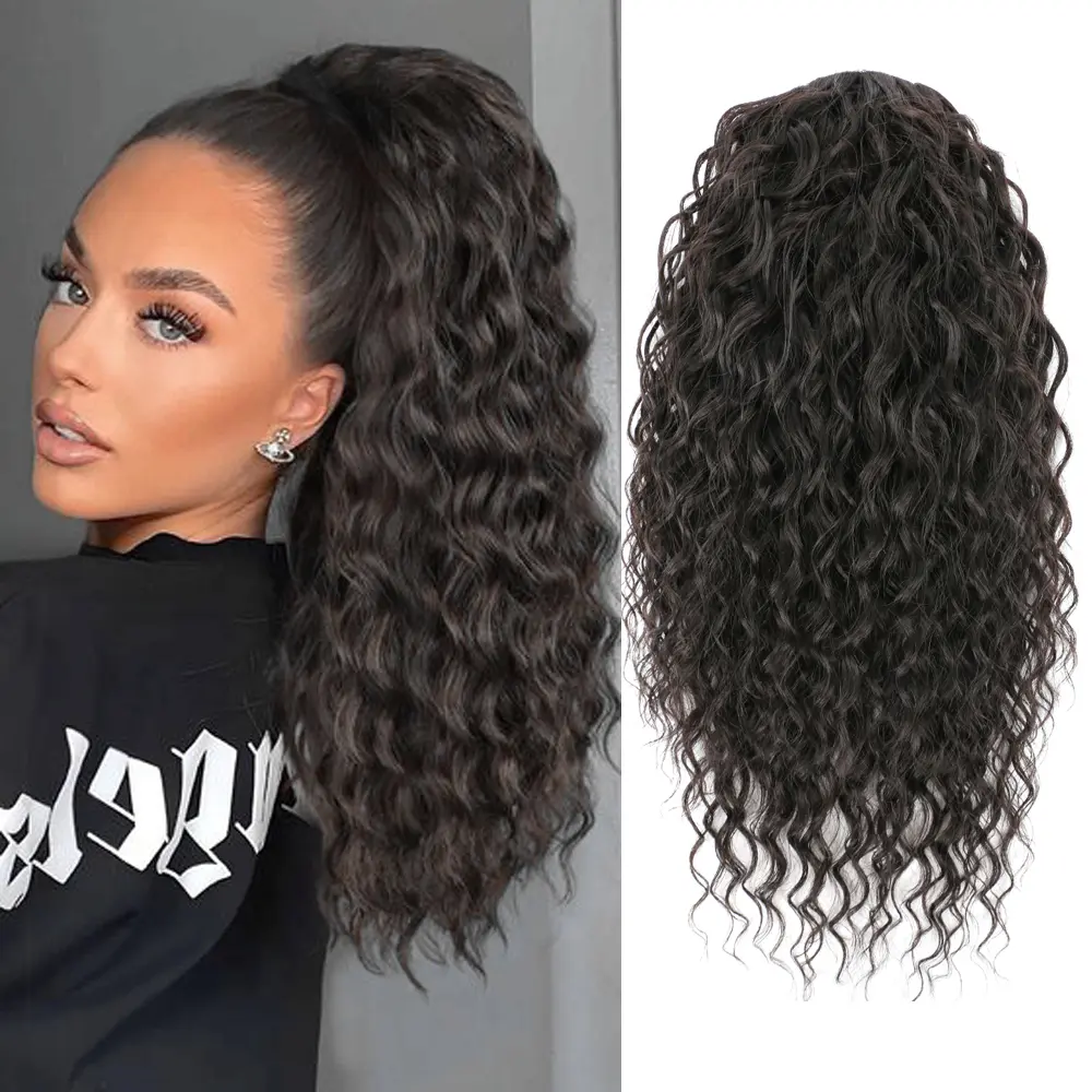 Women's Premium Fiber Synthetic Deep Wave Drawstring Clip-In Ponytail Extension, Wavy Synthetic Hairpiece, Soft Wavy Curly, Natural Fluffy, Multi-Layered, Heat-Resistant, Casual, Carnival-Ready, Fiber Synthetic Curls