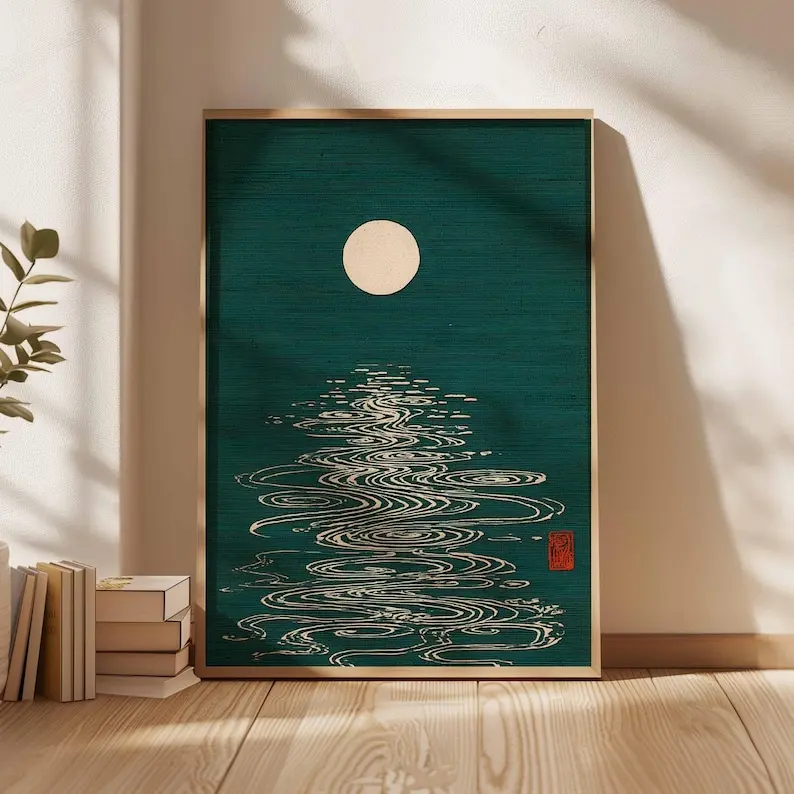 [No Frame] Moon Reflection Poster, Japanese Minimalist Art Print, Retro Night Sky Wall Art, Mid Century Modern Decor
