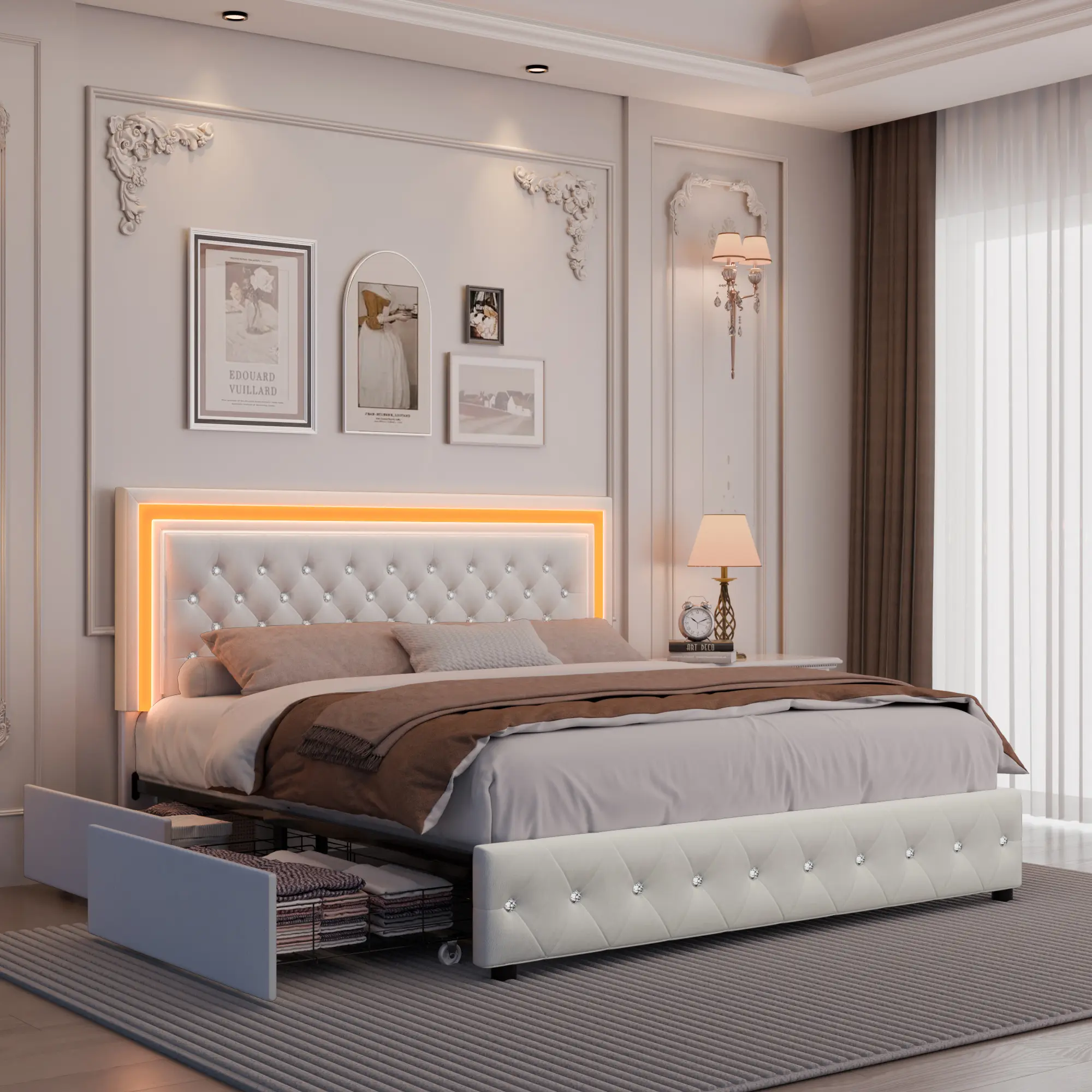 【DealsForYouDays】GEGOFORU Queen LED Bed Frame with 4 Storage Drawers – RGB Smart Lights, Velvet Upholstered Headboard, Cream Color Platform Bed, No Box Spring, Noise-Free, Easy Assembly#SummerVibes