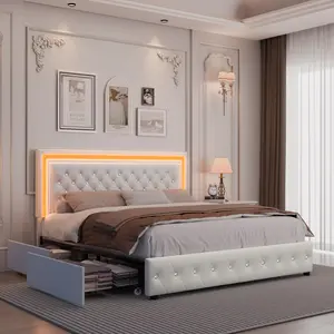 GEGOFORU Queen LED Bed Frame with 4 Storage Drawers – RGB Smart Lights, Velvet Upholstered Headboard, Cream Color Platform Bed, No Box Spring, Noise-Free, Easy Assembly