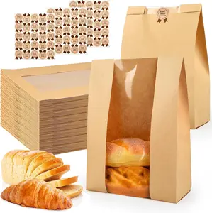 60 Pcs Bread Bags for Homemade, ROOKEA Sourdough Bread Bags with Window for Baked Paper Packaging with Sealing Stickers Bakery Cookie Food Snack Storage Large Kraft Paper 13.7X8.2X3.5 Inch