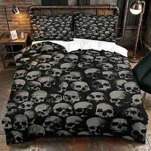 Gothic Skull Print Duvet Cover Set, 2/3 Pieces (1 Duvet Cover + 1/2 Pillowcases), NO FILLING, Soft Skin-Friendly Fabric, Black & White Skeleton Pattern, Dark Grunge Aesthetic Bedding for Bedroom, Cool Halloween / Emo Room Decor