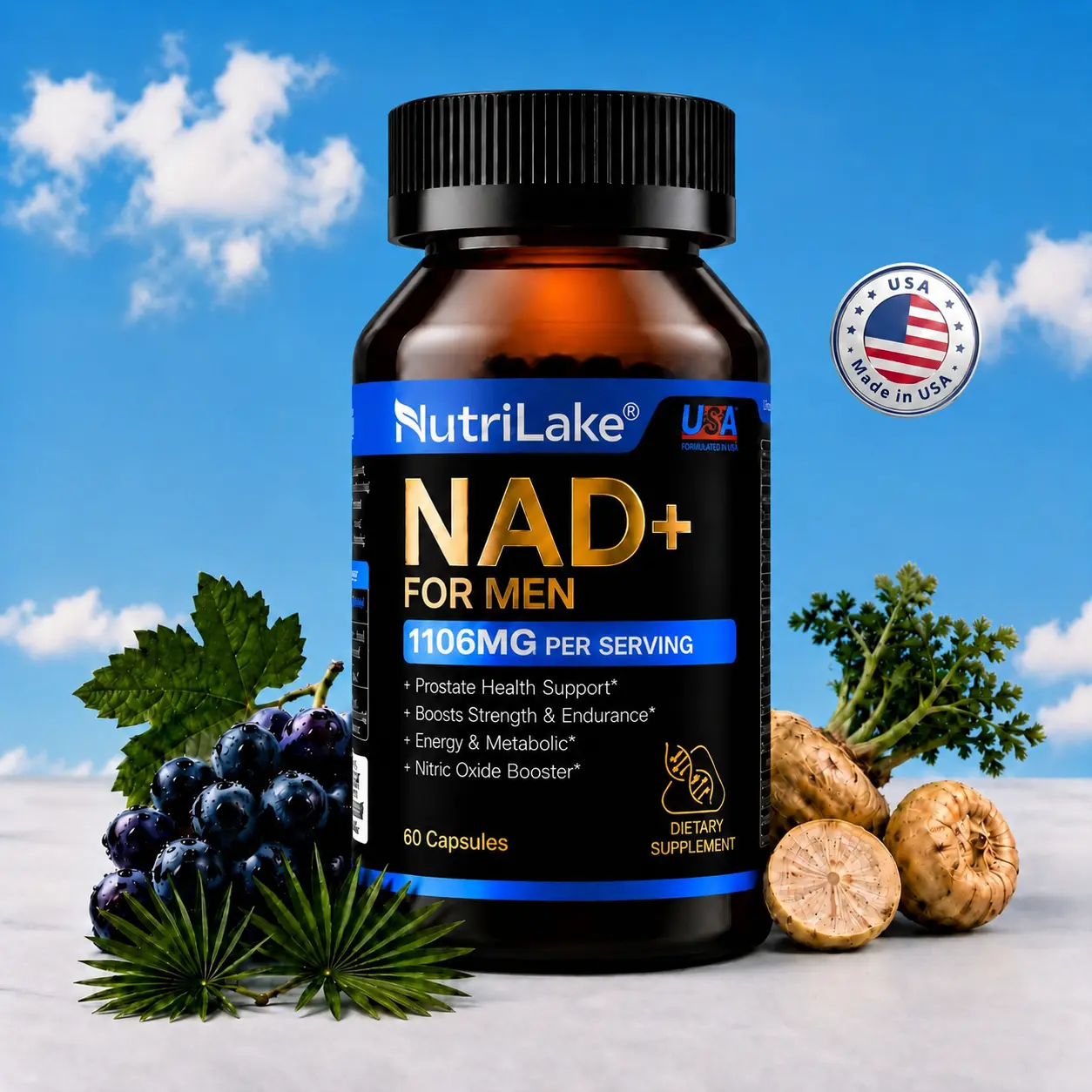 NutriLake NAD+ Supplements for Men-Liposomal,Energy Support,Wrinkle Defense,Complex with Trans-Resveratrol,CoQ10,Ashwagandha,Niacin,Vitamin B6,Supports Cellular Renewal, Energy & Performance - 60 Capsules Dietary Supplement Vitamins