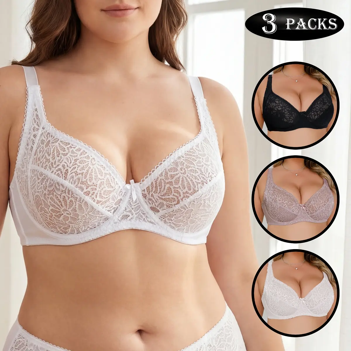 3 Pcs Parifairy Plus Size Lace Underwire Bras — Unlined, lightweight, no foam support; suitable for curvy women; cups C/D/E