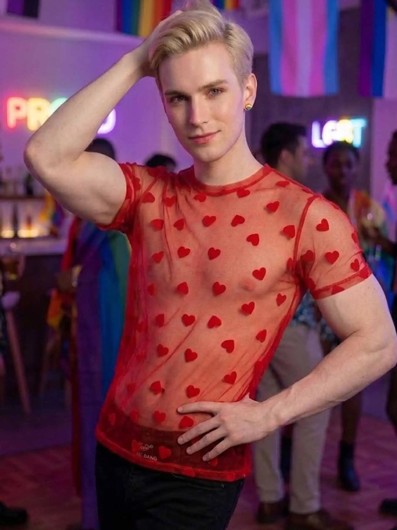 Pride Month Lgbtq Men's Sexy Heart Embroidered Short Sleeve Round Neck Crewneck Mesh Top, Breathable T Shirts, Casual Style Tee, Y2K Streetwear Style, Casual Night Out, Loose-Fitting, All Seasons