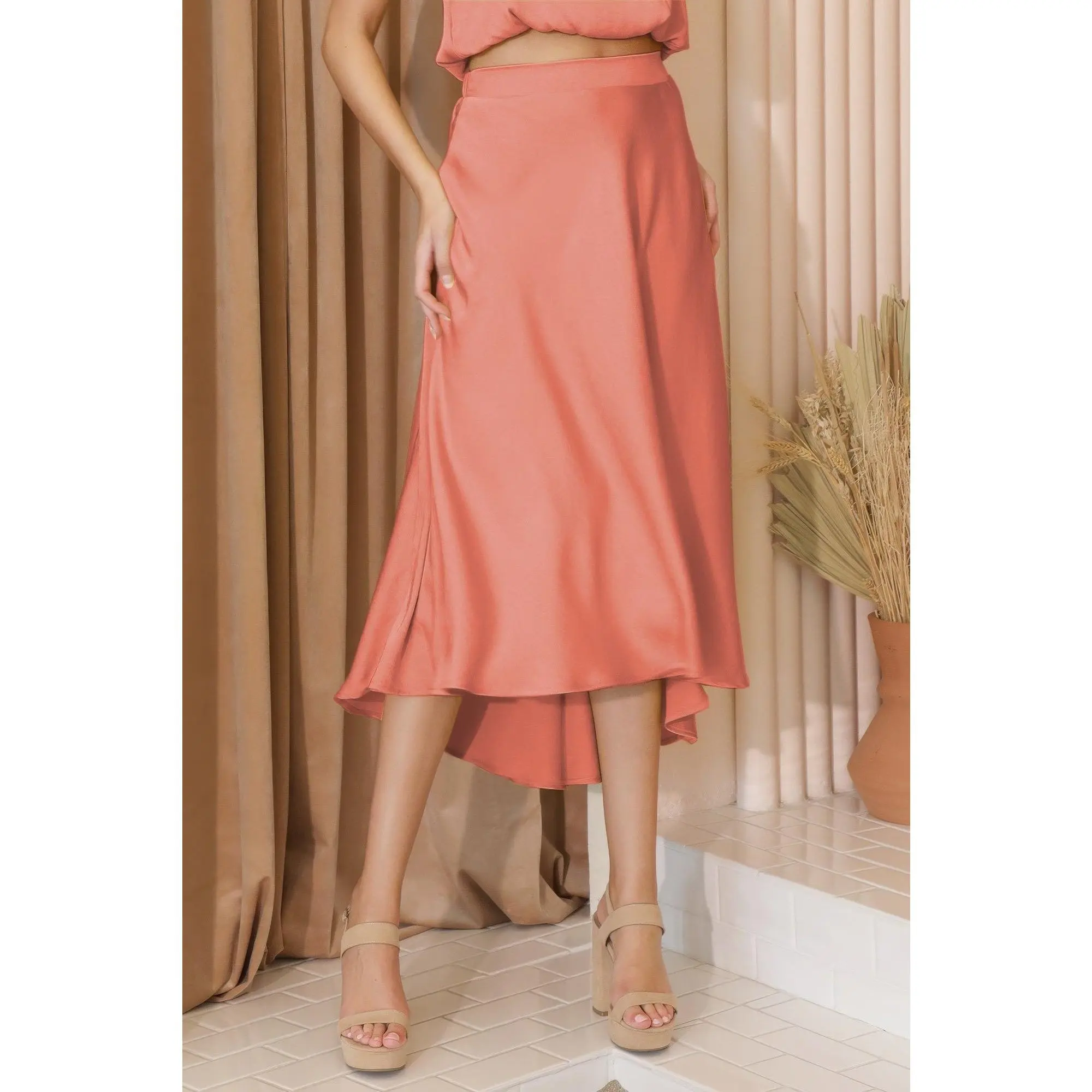 Washed Poly Silk Midi Swing Skirt